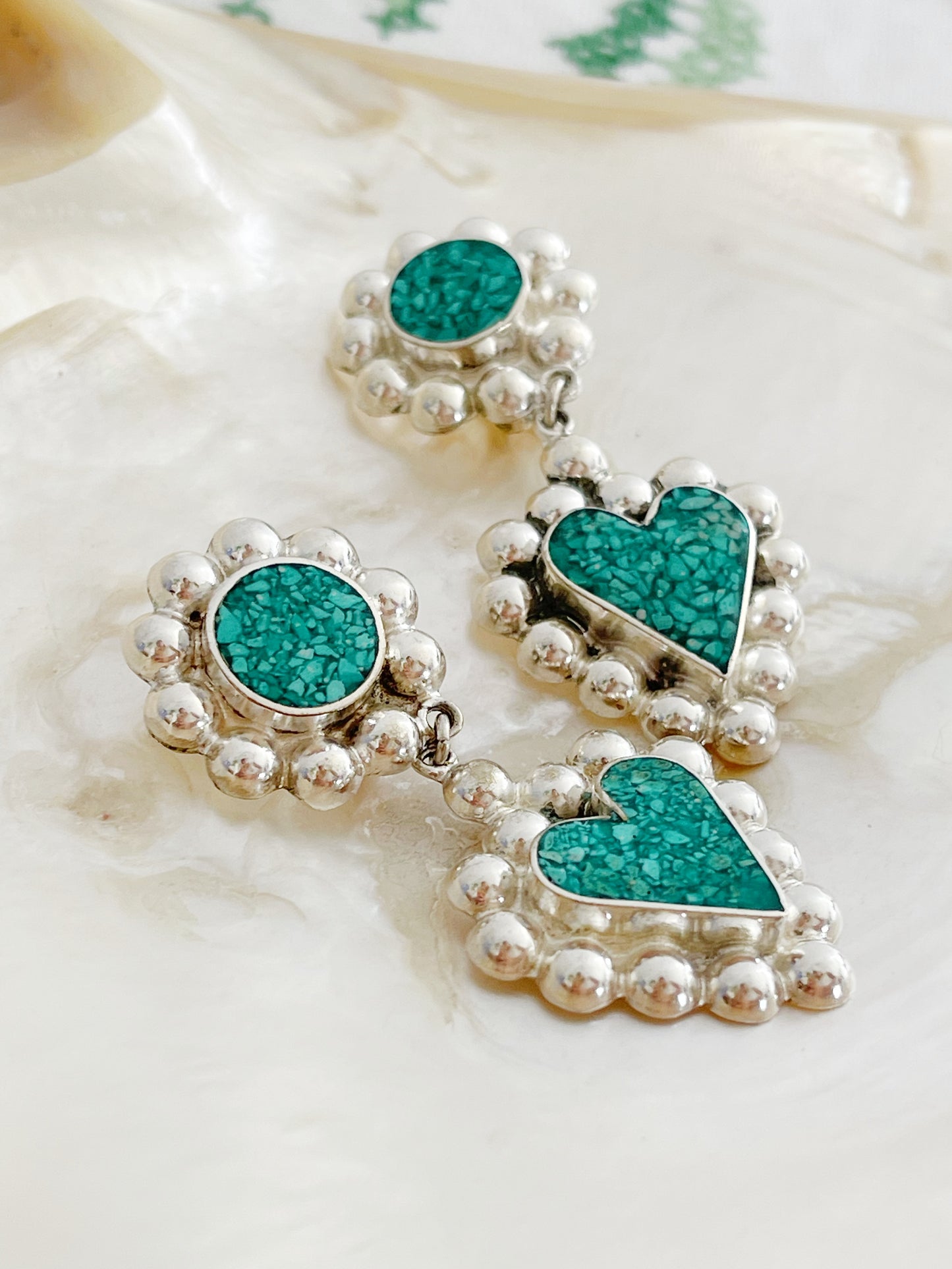 Vintage Crushed Turquoise Heart Earrings.