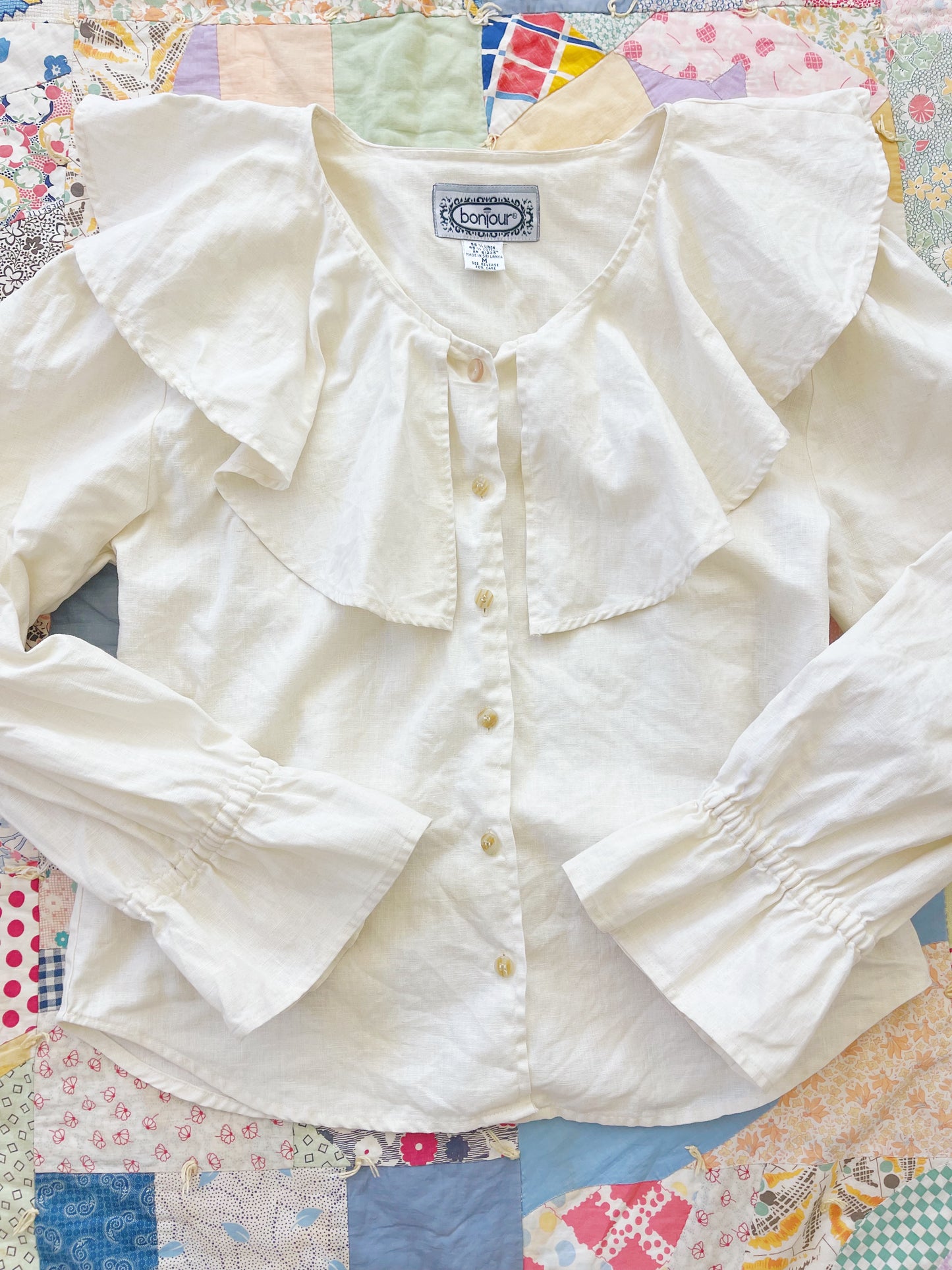 Vintage Cotton Linen Big Collar Frill Blouse