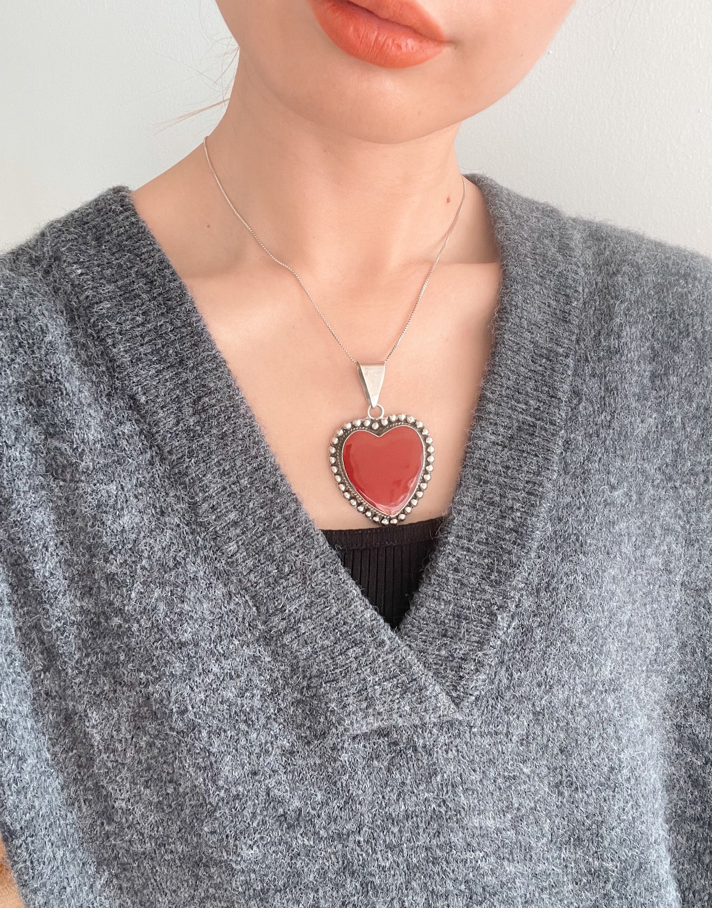 Vintage Red Jasper Huge Heart Necklace.