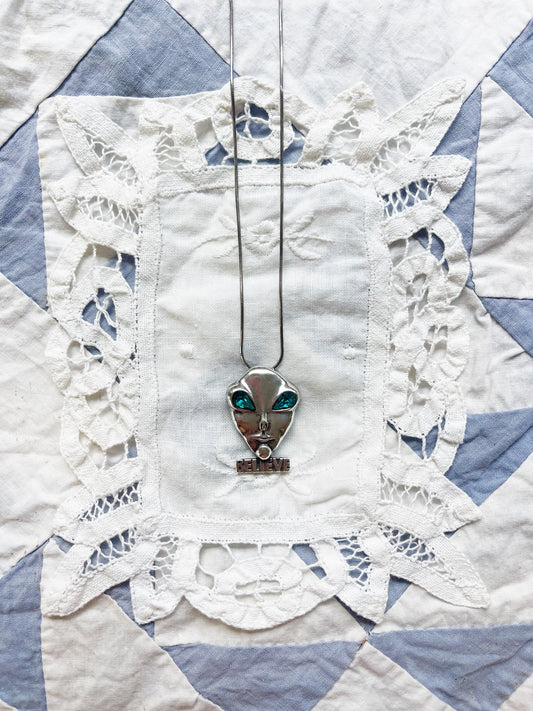 1990s Alien Silver Pin and Necklace