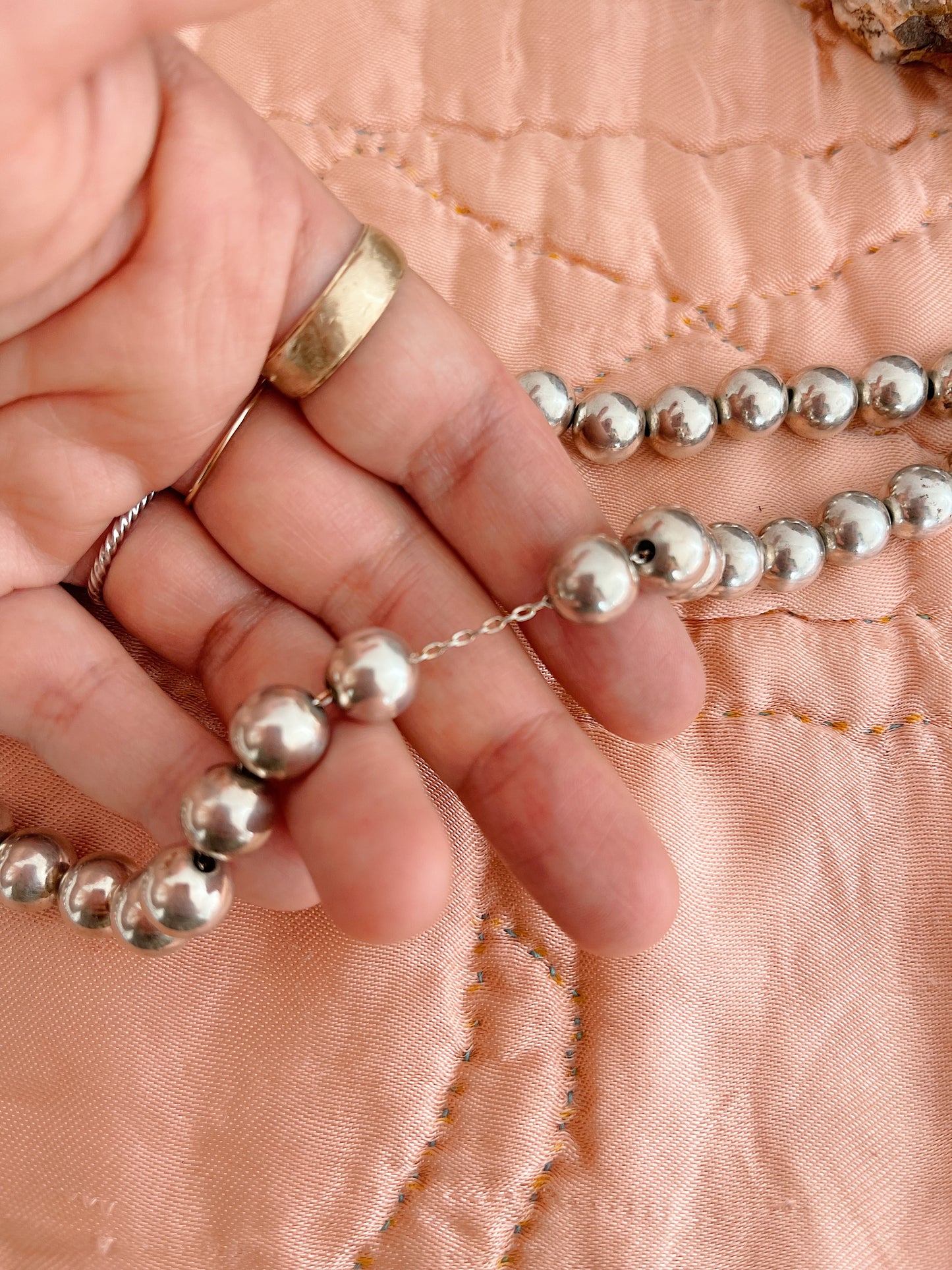 Vintage Mexican Silver Ball Beads Long Necklace