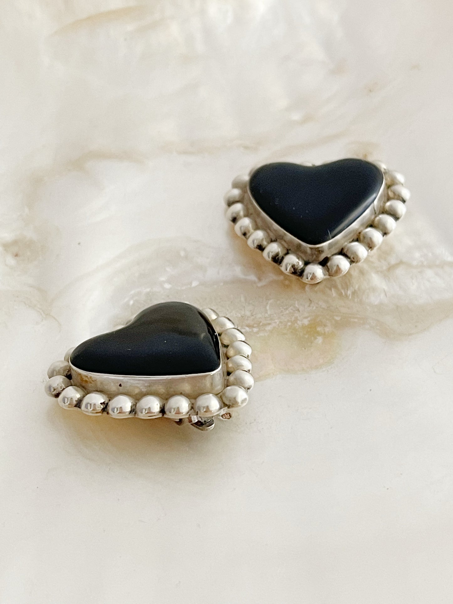 Vintage Onyx Heart Silver Earrings.