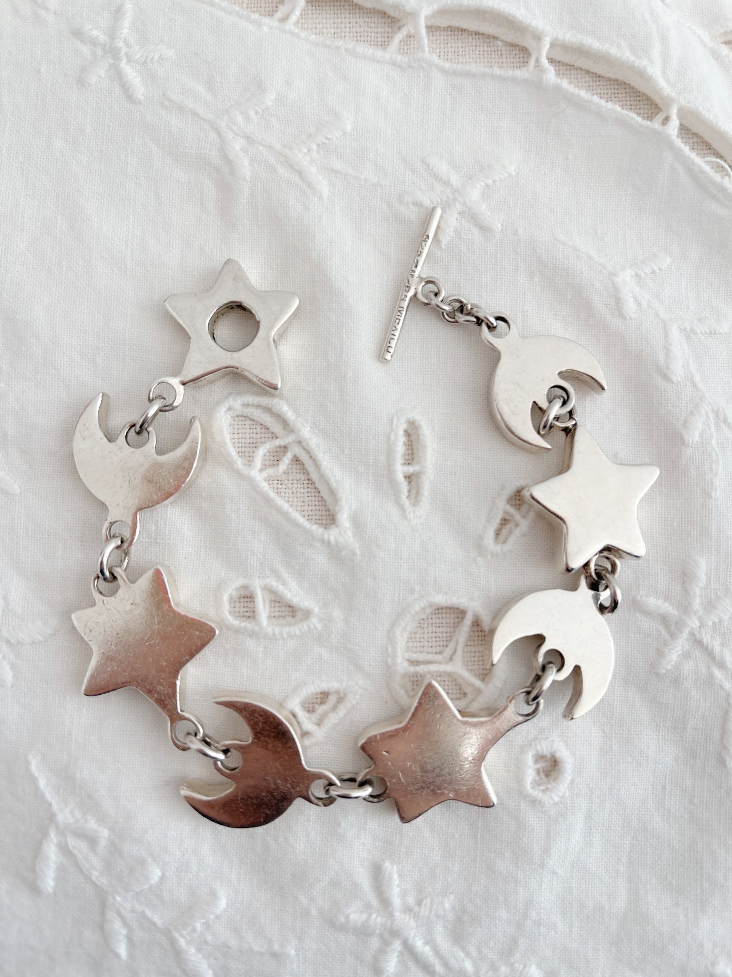 Vintage Heavy Silver Moon and Star Bracelet