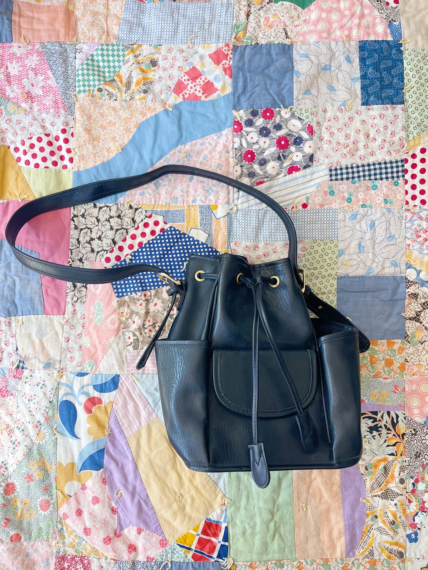 Black Leather Bucket Shoulder Bag