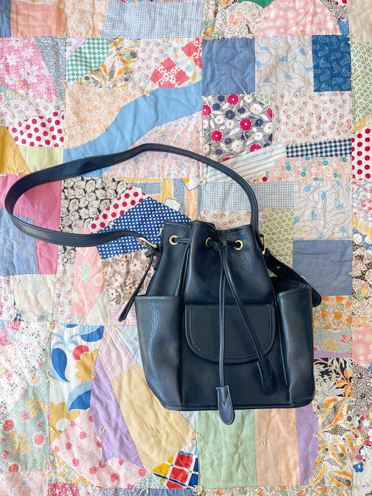 Black Leather Bucket Shoulder Bag