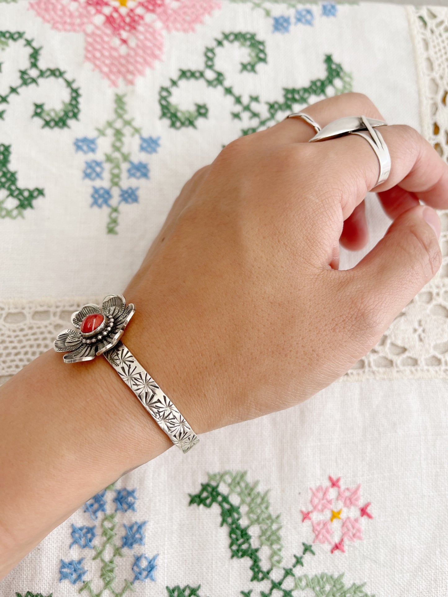 Navajo Karlene Goodluck Silver Flowered Bangle.