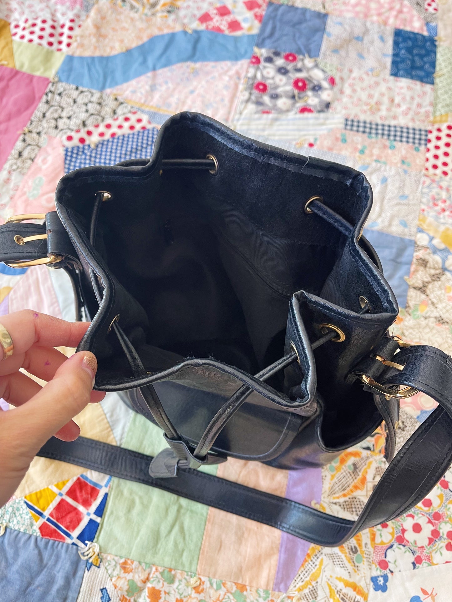 Black Leather Bucket Shoulder Bag