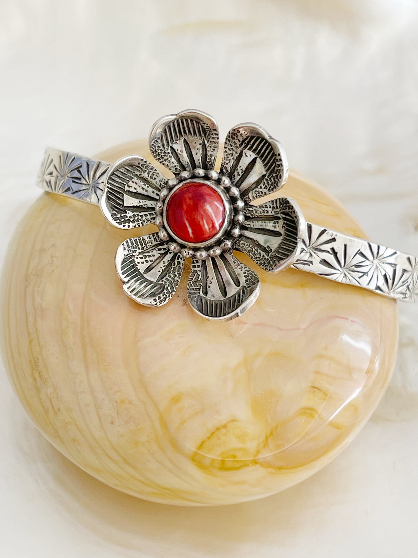 Navajo Karlene Goodluck Silver Flowered Bangle.