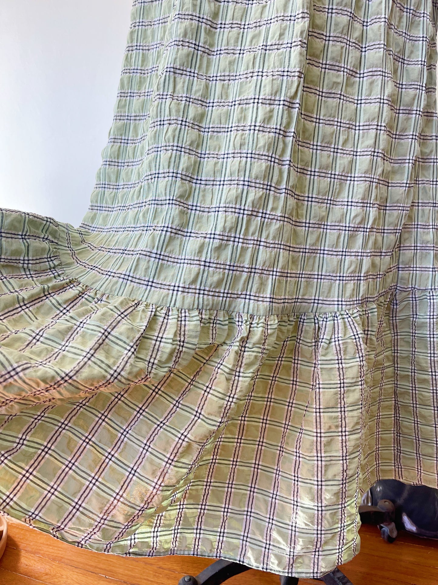 Checked Puff Sleeve Long Dress