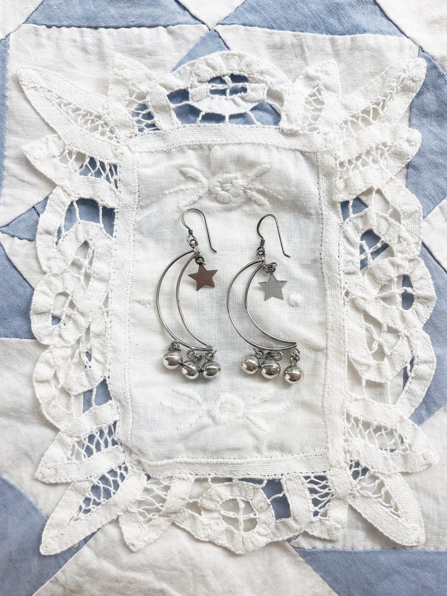 Vintage Crescent Moon with Stars Silver 925 Pierce