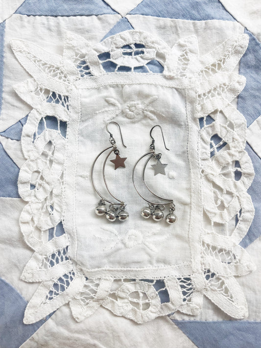 Vintage Crescent Moon with Stars Silver 925 Pierce