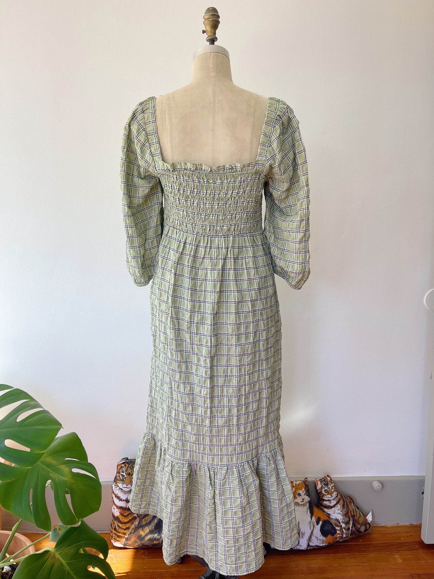 Checked Puff Sleeve Long Dress