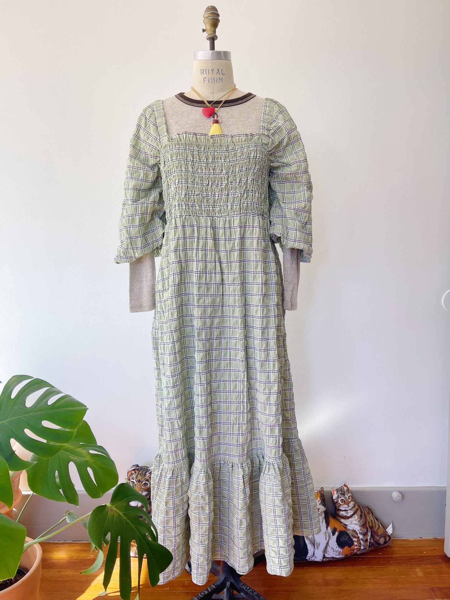 Checked Puff Sleeve Long Dress