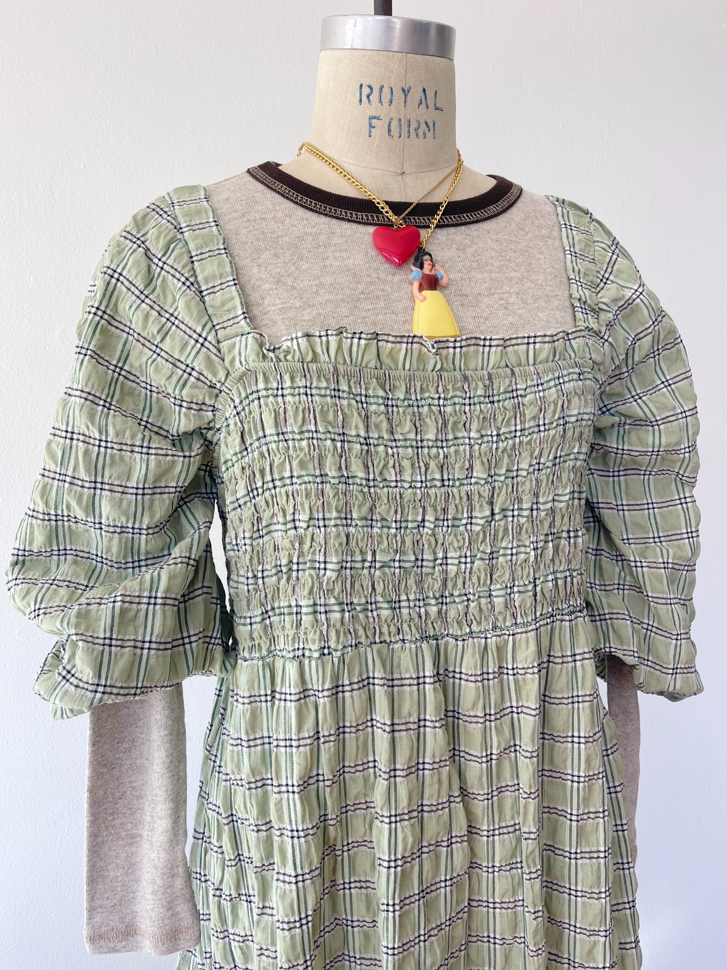 Checked Puff Sleeve Long Dress